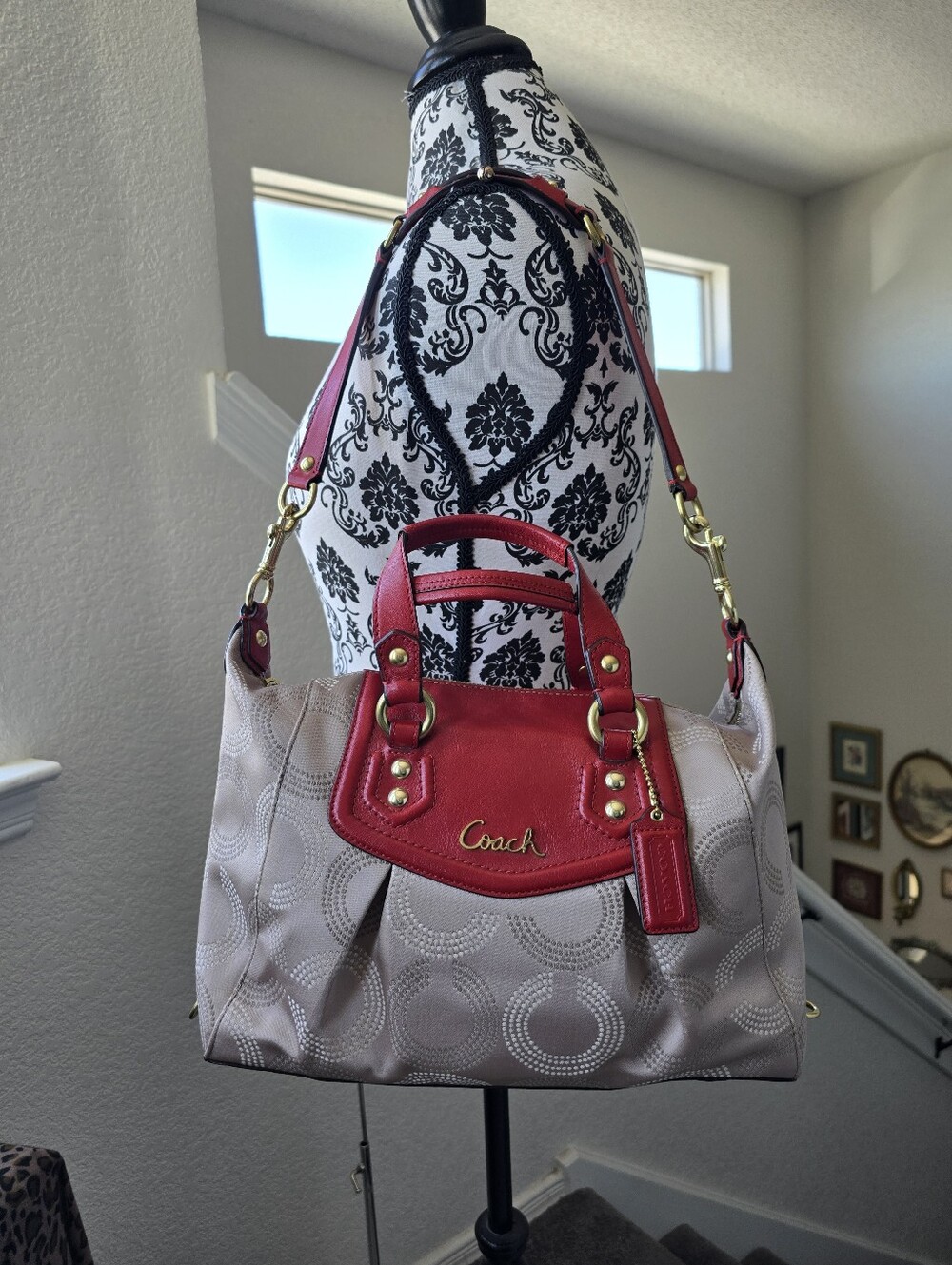Coach Ashley Dotted Op Art Beige Red Carryall Satchel #F20027 - Picture 3 of 16